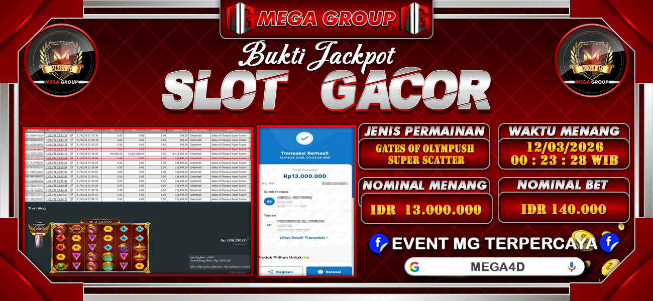 Bukti JP situs Mega4D hari Kamis, 12 Maret 2026