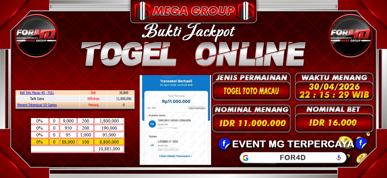 Bukti JP situs For4D hari Kamis, 30 April 2026